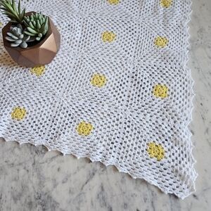Vintage Handmade Crochet Tablecloth White with Yellow Marigold Squares 48" x 74"